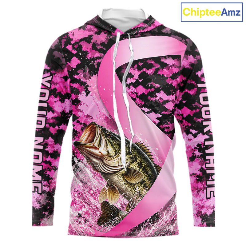 Front view of pink ribbon camouflage bass fishing breast cancer custom sun protection long sleeve fishing shirt