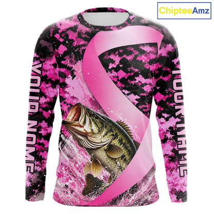 Front view of pink ribbon camouflage bass fishing breast cancer custom sun protection long sleeve fishing shirt