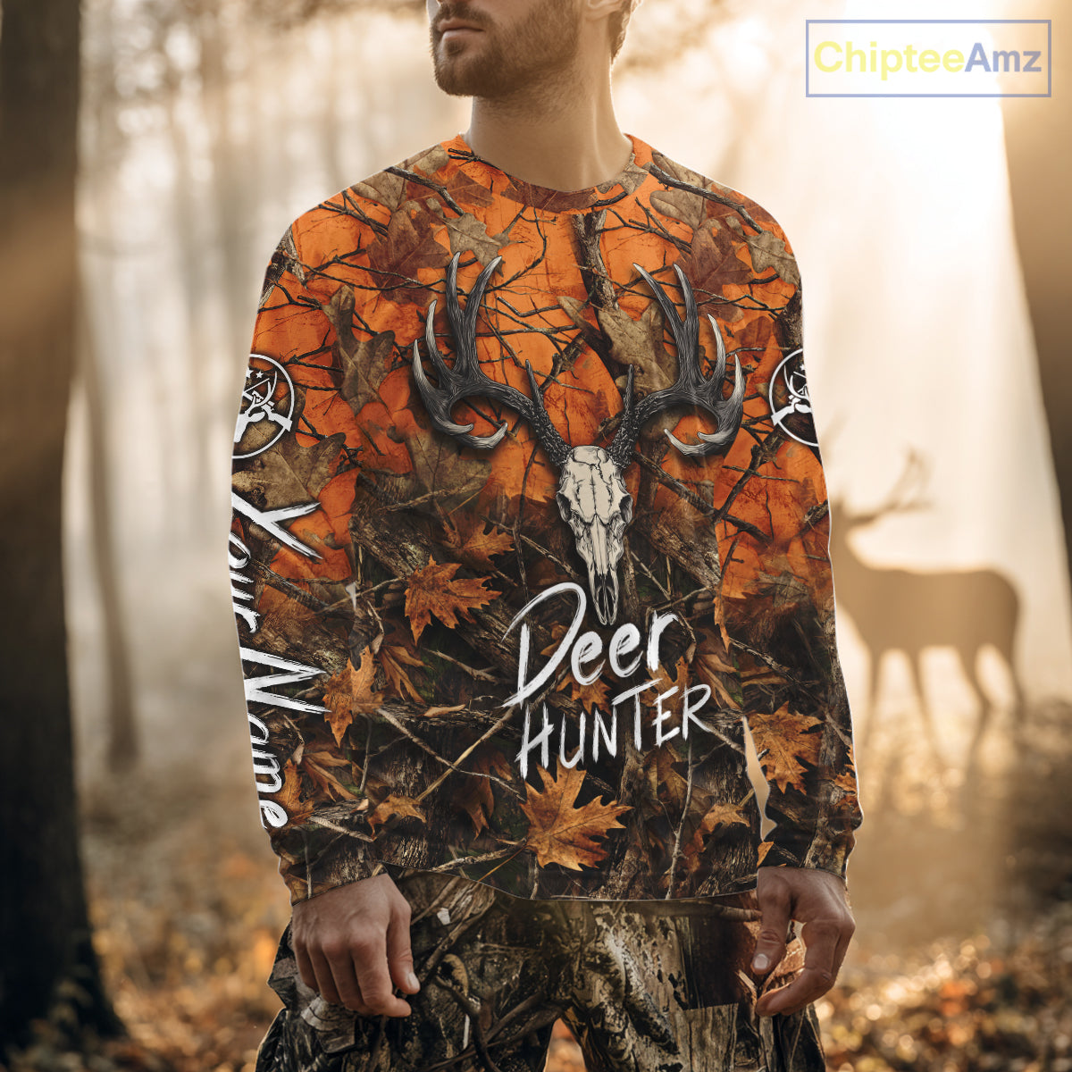 Deer Hunting Orange Camo Deer Skull Full Printing Custom Name Shirts, Custom Deer Hunting Shirt NBT144