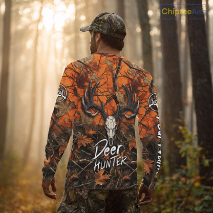 Deer Hunting Orange Camo Deer Skull Full Printing Custom Name Shirts, Custom Deer Hunting Shirt NBT144