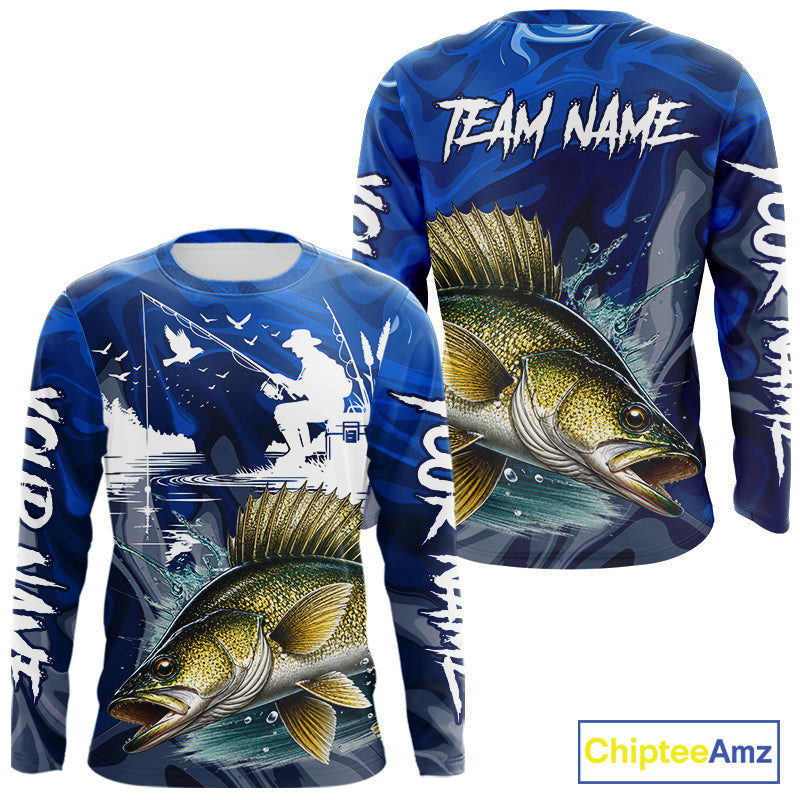 Front and back view of Walleye Fishing Jersey Custom Name long sleeve fishing shirt, camo walleye fishing shirt for team with walleye graphic and custom name right, left sleeve