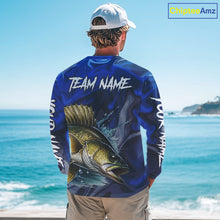 Load image into Gallery viewer, Model wearing Walleye Fishing Jersey Custom Name long sleeve camo walleye fishing shirt for team, UPF 30+ long sleeve fishing shirt on the boat