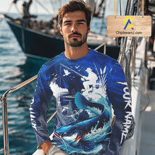 Load image into Gallery viewer, Model wearing Catfish Fishing Jersey Custom Name long sleeve camo catfish fishing shirt for team, UPF 30+ long sleeve fishing shirt on the boat