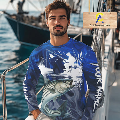 Striped Bass Fishing Jersey Custom Name Long Sleeve Fishing Shirts, Stripe Bass Fishing Shirt For Team NBT849