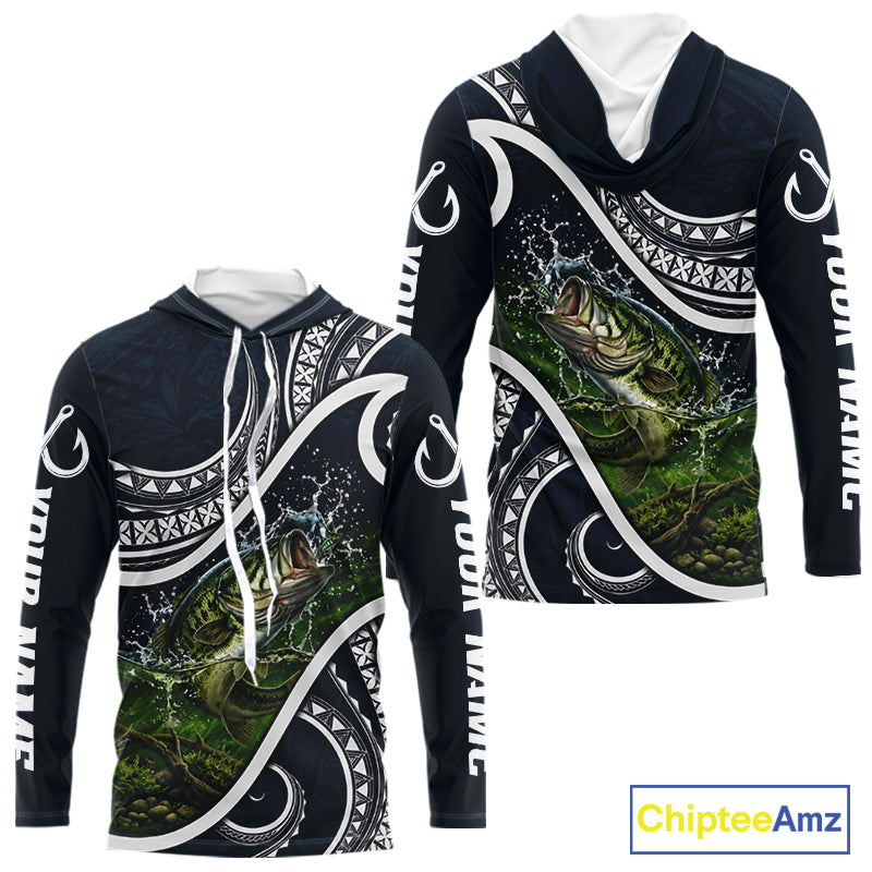 Front and back view of blue tribal pattern custom largemouth bass long sleeve hooded fishing shirt for team anglers