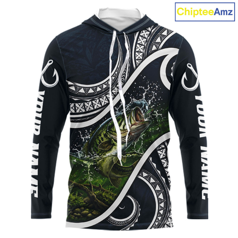 Front view of blue tribal pattern custom largemouth bass long sleeve hooded fishing shirt