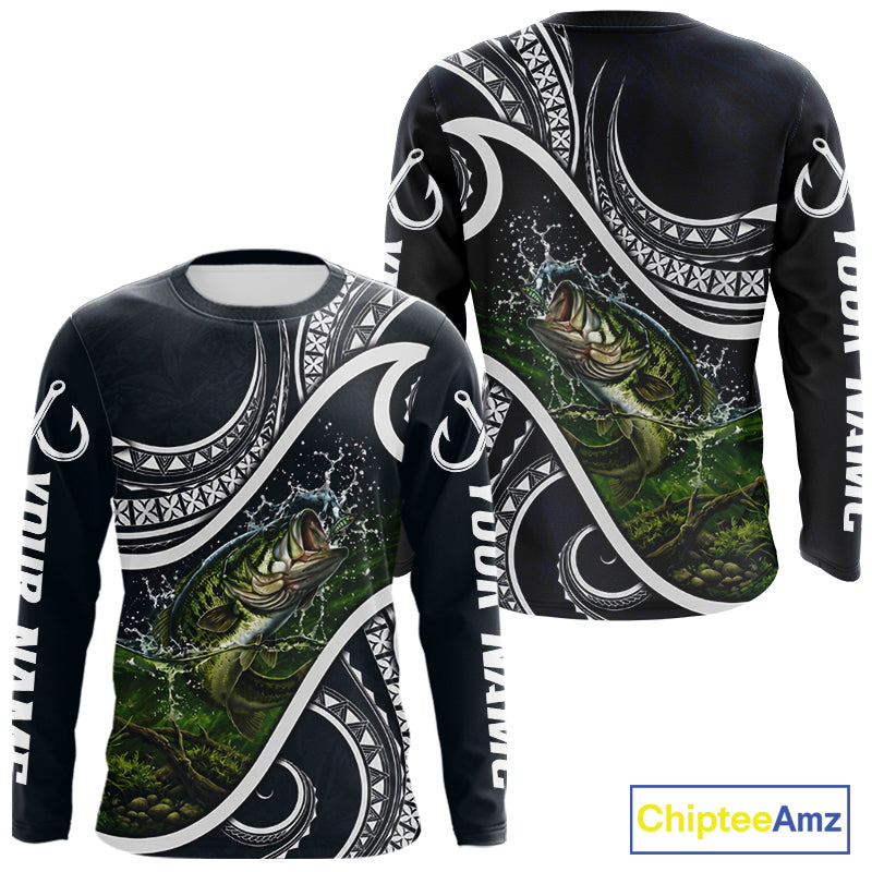 Front and back view of blue tribal pattern custom largemouth bass long sleeve fishing shirt