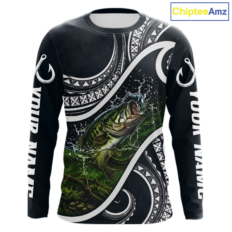 Front view of blue tribal pattern custom largemouth bass long sleeve fishing shirt