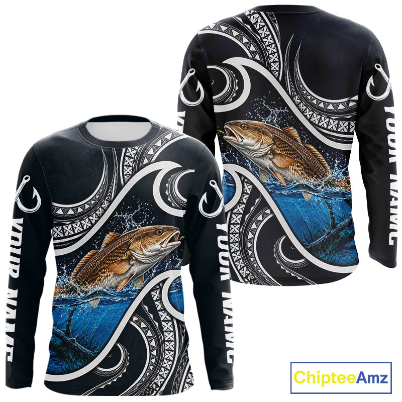 Front and back view of blue tribal pattern custom redfish long sleeve fishing shirt for team anglers