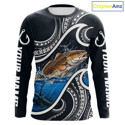 Front view of blue tribal pattern custom redfish long sleeve fishing shirt