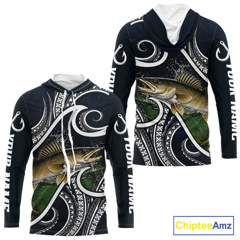 Front and back view of blue tribal pattern custom walleye long sleeve hooded fishing shirt for team anglers