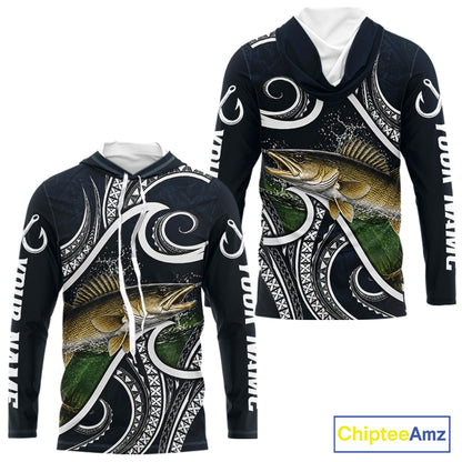 Front and back view of blue tribal pattern custom walleye long sleeve hooded fishing shirt for team anglers