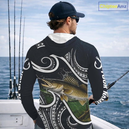 Angler wearing blue tribal pattern custom walleye long sleeve hooded fishing shirt on the water