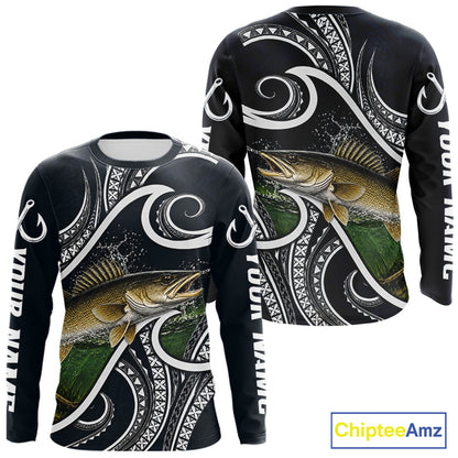 Front and back view of blue tribal pattern custom walleye long sleeve fishing shirt for team anglers
