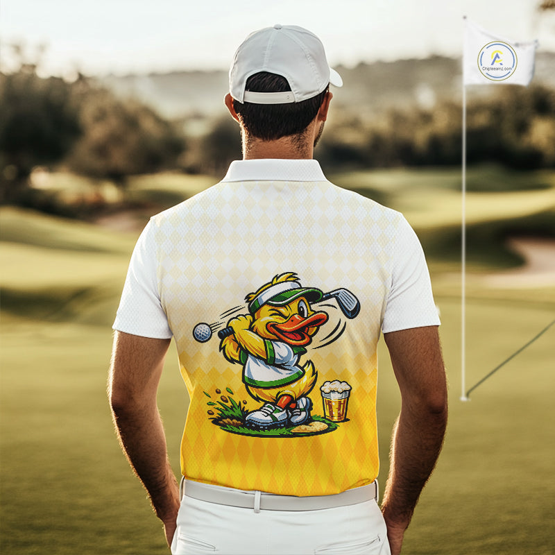 Funny Duck Golf Polo Shirt For Men, Cute Duck With Beer Print Shirt, Sporty Animal Golf Gift NBT516