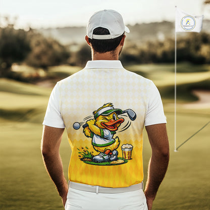 Funny Duck Golf Polo Shirt For Men, Cute Duck With Beer Print Shirt, Sporty Animal Golf Gift NBT516