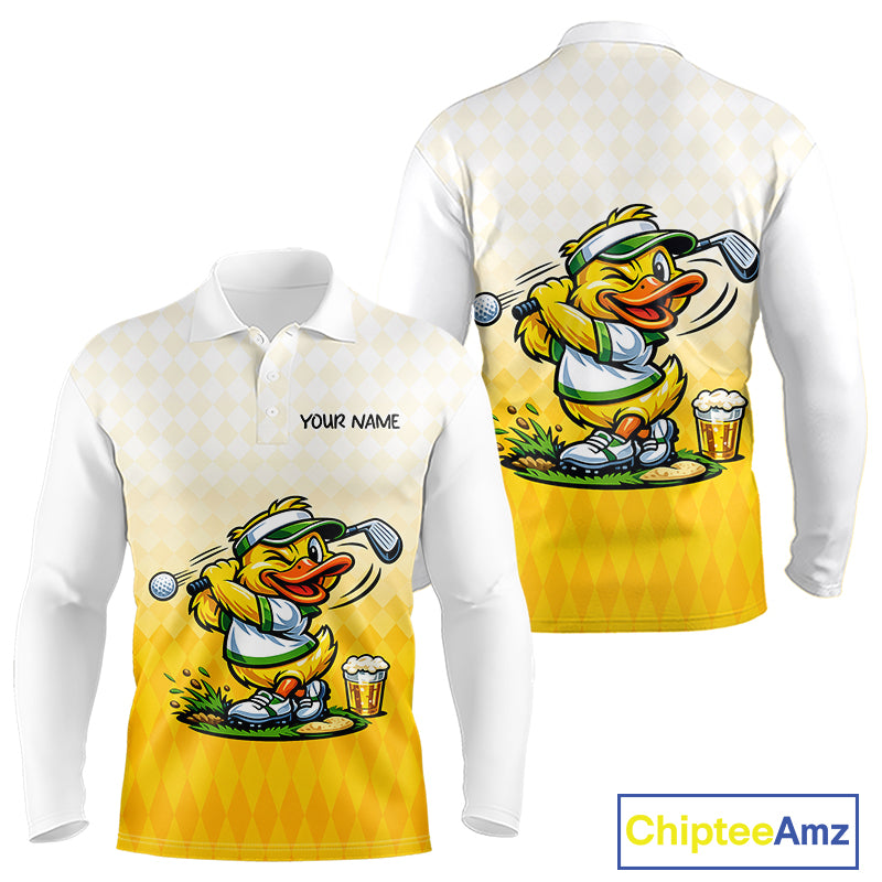 Funny Duck Golf Polo Shirt For Men, Cute Duck With Beer Print Shirt, Sporty Animal Golf Gift NBT516