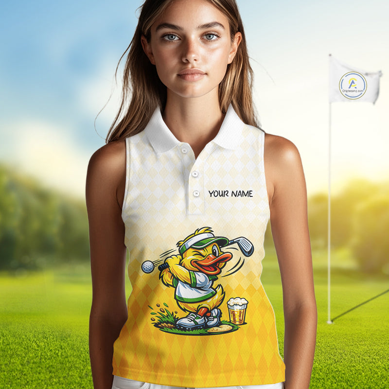 Funny Duck Sleeveless Golf Polo Shirt For Women, Cute Duck With Beer Print Shirt, Sporty Animal Golf Gift NBT516