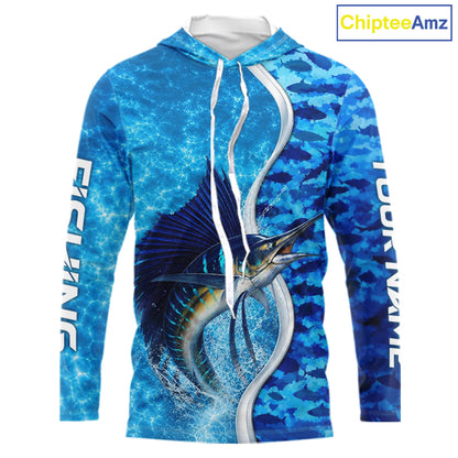 Front view of Sailfish fishing blue ocean camouflage performance long sleeve hooded fishing shirt for team