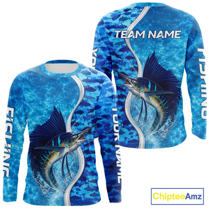 Front and back view of Sailfish fishing blue ocean camouflage performance long sleeve fishing shirt for team anglers