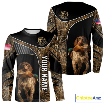 Duck Hunting with German Wirehaired Pointer Dog Camo Custom Name Shirts, Duck Hunting Shirts for Hunter NBT157