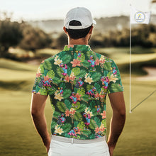 Load image into Gallery viewer, Funny Mens Golf Polo Shirt Custom Green Tropical Flower Flamingo Team Golf Shirts, Golf Gifts NBT660