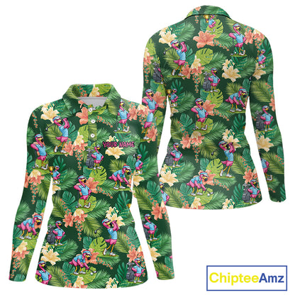 Funny Womens Golf Polo Shirt Custom Green Tropical Flower Flamingo Team Golf Shirts, Golf Gifts NBT660