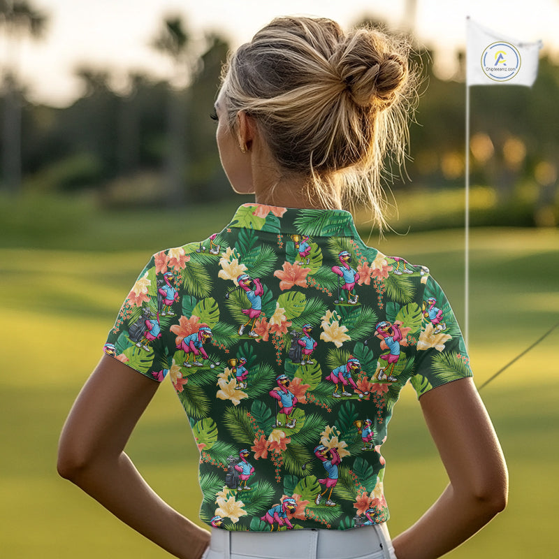 Funny Womens Golf Polo Shirt Custom Green Tropical Flower Flamingo Team Golf Shirts, Golf Gifts NBT660