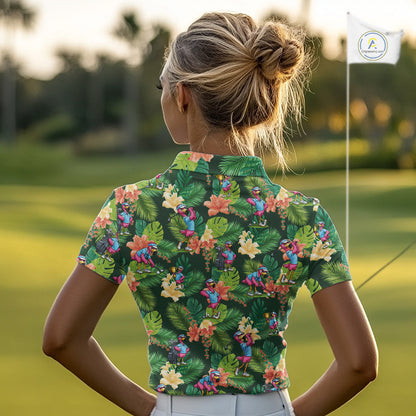 Funny Womens Golf Polo Shirt Custom Green Tropical Flower Flamingo Team Golf Shirts, Golf Gifts NBT660