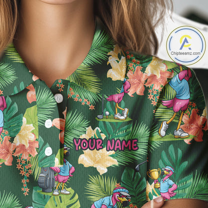 Funny Womens Golf Polo Shirt Custom Green Tropical Flower Flamingo Team Golf Shirts, Golf Gifts NBT660