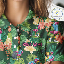 Load image into Gallery viewer, Funny Womens Golf Polo Shirt Custom Green Tropical Flower Flamingo Team Golf Shirts, Golf Gifts NBT660