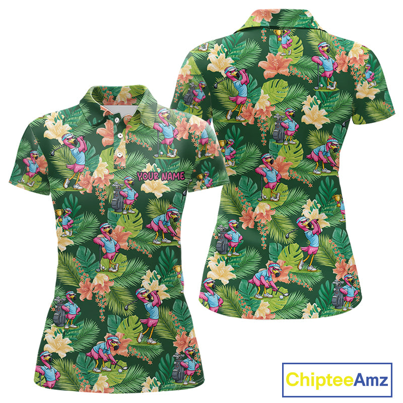Funny Womens Golf Polo Shirt Custom Green Tropical Flower Flamingo Team Golf Shirts, Golf Gifts NBT660