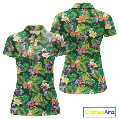 Funny Womens Golf Polo Shirt Custom Green Tropical Flower Flamingo Team Golf Shirts, Golf Gifts NBT660