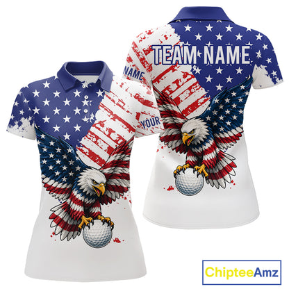 Polo shirt with American flag design and eagle holding a golf ball, 250th American anniversary