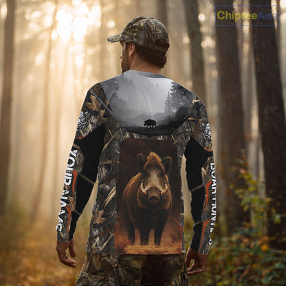 Boar Hunting Shirt Brown Camouflage Hoodie, Long Sleeve Custom Name For Men NBT247