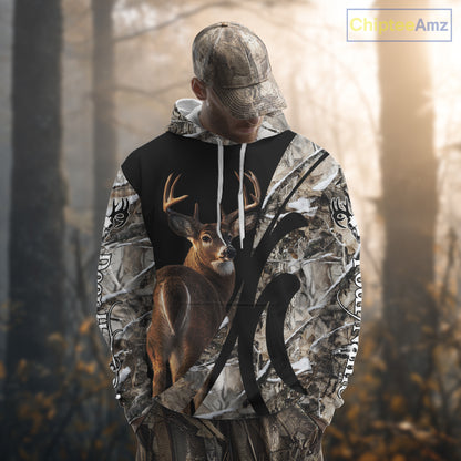 Personalized Whitetail Deer Hunting 3D All Over Printed Hoodie Winter Camo Long Sleeve for Men, Women NBT296