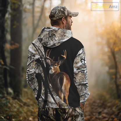 Personalized Whitetail Deer Hunting 3D All Over Printed Hoodie Winter Camo Long Sleeve for Men, Women NBT296