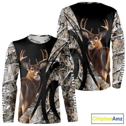 Personalized Whitetail Deer Hunting 3D All Over Printed Hoodie Winter Camo Long Sleeve for Men, Women NBT296