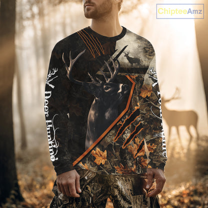 Whitetail Deer Hunting Clothes Custom Name Hoodie Autumn Leaves Camo Hunting Long Sleeve Shirt NBT298