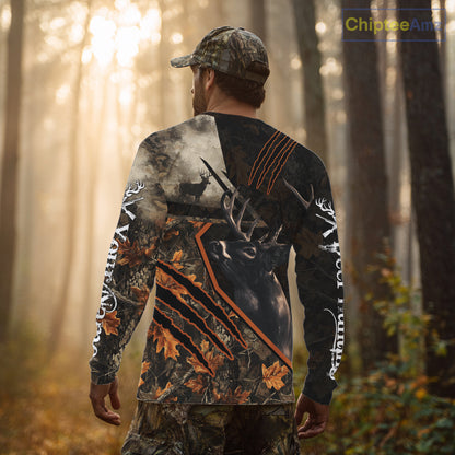 Whitetail Deer Hunting Clothes Custom Name Hoodie Autumn Leaves Camo Hunting Long Sleeve Shirt NBT298