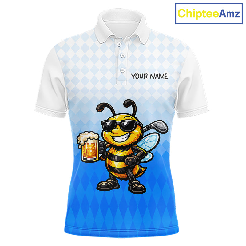Funny Bee Golf Polo Shirt For Men, Cute Bee With Beer Print Shirt, Sporty Animal Golf Gift|Blue NBT664