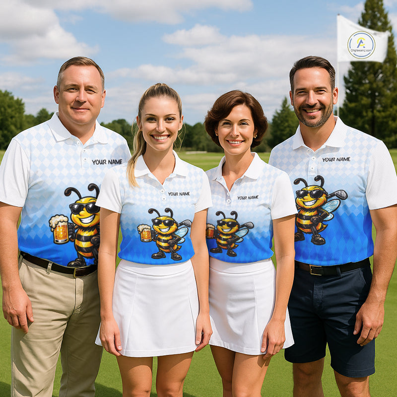 Funny Bee Golf Polo Shirt For Men, Cute Bee With Beer Print Shirt, Sporty Animal Golf Gift|Blue NBT664