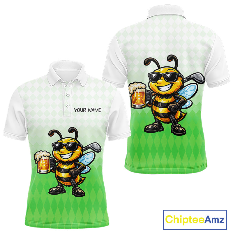 Funny Bee Golf Polo Shirt For Men, Cute Bee With Beer Print Shirt, Sporty Animal Golf Gift|Green NBT665