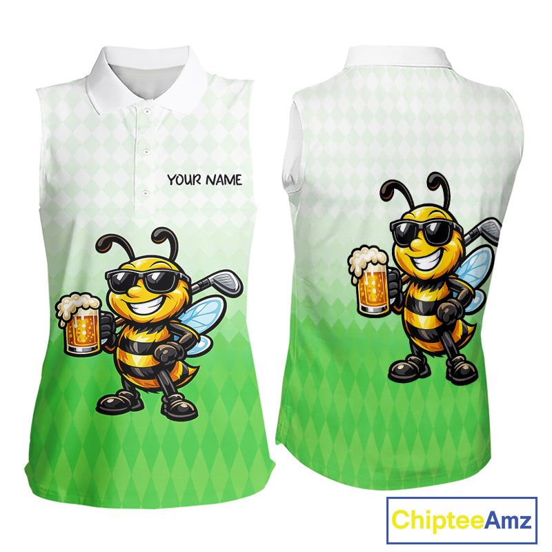 Funny Bee Sleeveless Golf Polo Shirt For Women, Cute Bee With Beer Print Shirt, Sporty Animal Golf Gift|Green NBT665