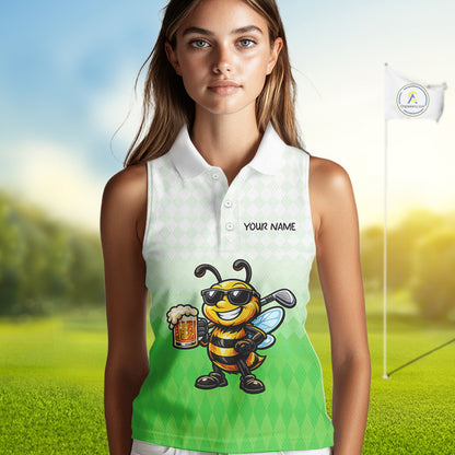 Funny Bee Sleeveless Golf Polo Shirt For Women, Cute Bee With Beer Print Shirt, Sporty Animal Golf Gift|Green NBT665