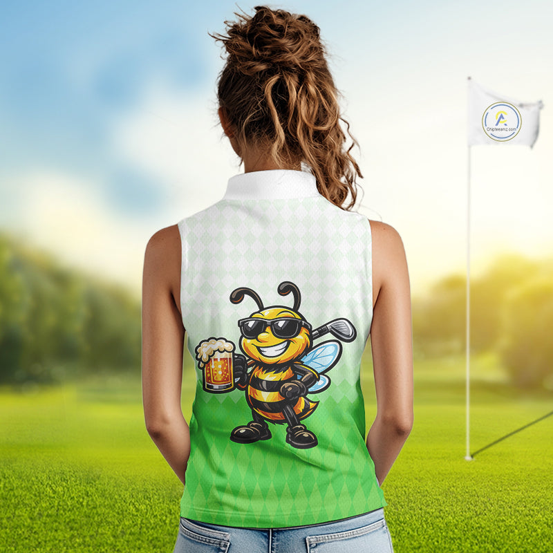 Funny Bee Sleeveless Golf Polo Shirt For Women, Cute Bee With Beer Print Shirt, Sporty Animal Golf Gift|Green NBT665