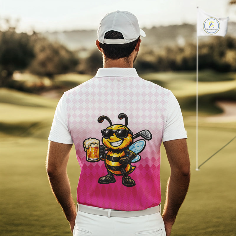 Funny Bee Golf Polo Shirt For Men, Cute Bee With Beer Print Shirt, Sporty Animal Golf Gift|Pink NBT666