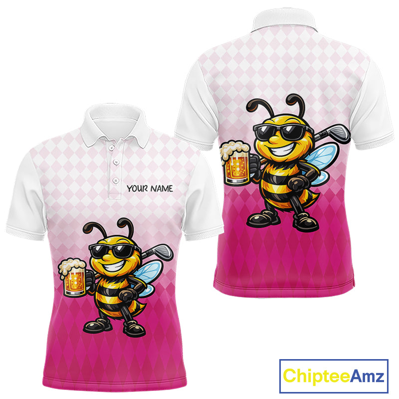 Funny Bee Golf Polo Shirt For Men, Cute Bee With Beer Print Shirt, Sporty Animal Golf Gift|Pink NBT666