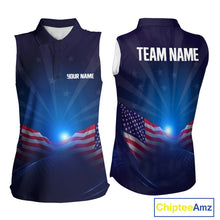 Load image into Gallery viewer, Sleeveless sports jersey with American flag design on a white background, featuring customizable text.