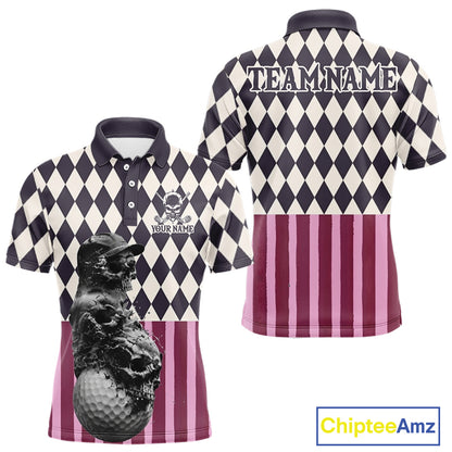 Front and back view of custom black pink argyle skull golf polo shirt for men